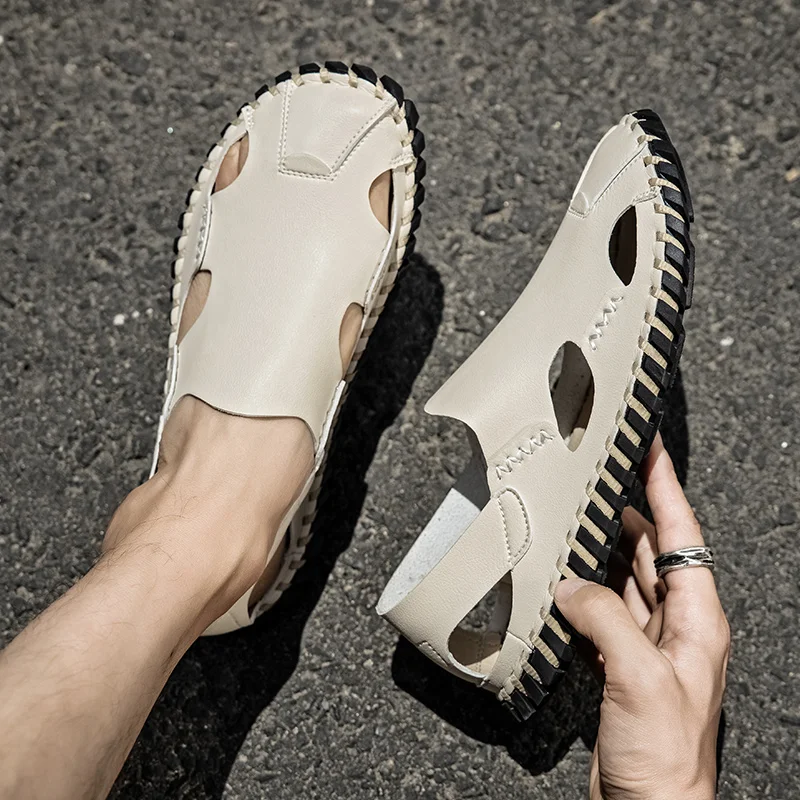 Men Leather Sandals Summer Handmade Nonslip Casual Shoes Man Outdoor Flat Quick Dry Slip on Man Sandals