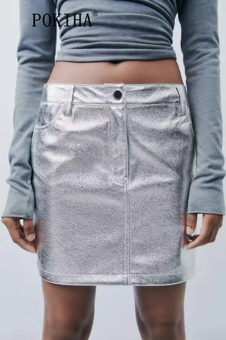 

Pokiha модная женская Серебристая блестящая трапециевидная мини-юбка с высокой талией Y2k на молнии шикарные женские юбки Mujer
