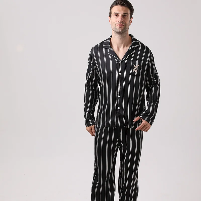 

Шелковая пижама в черную полоску для мужчин, атласная пижама с длинным рукавом и вышивкой щенка, Мужская одежда для сна, модная одежда для отдыха, Прямая поставка