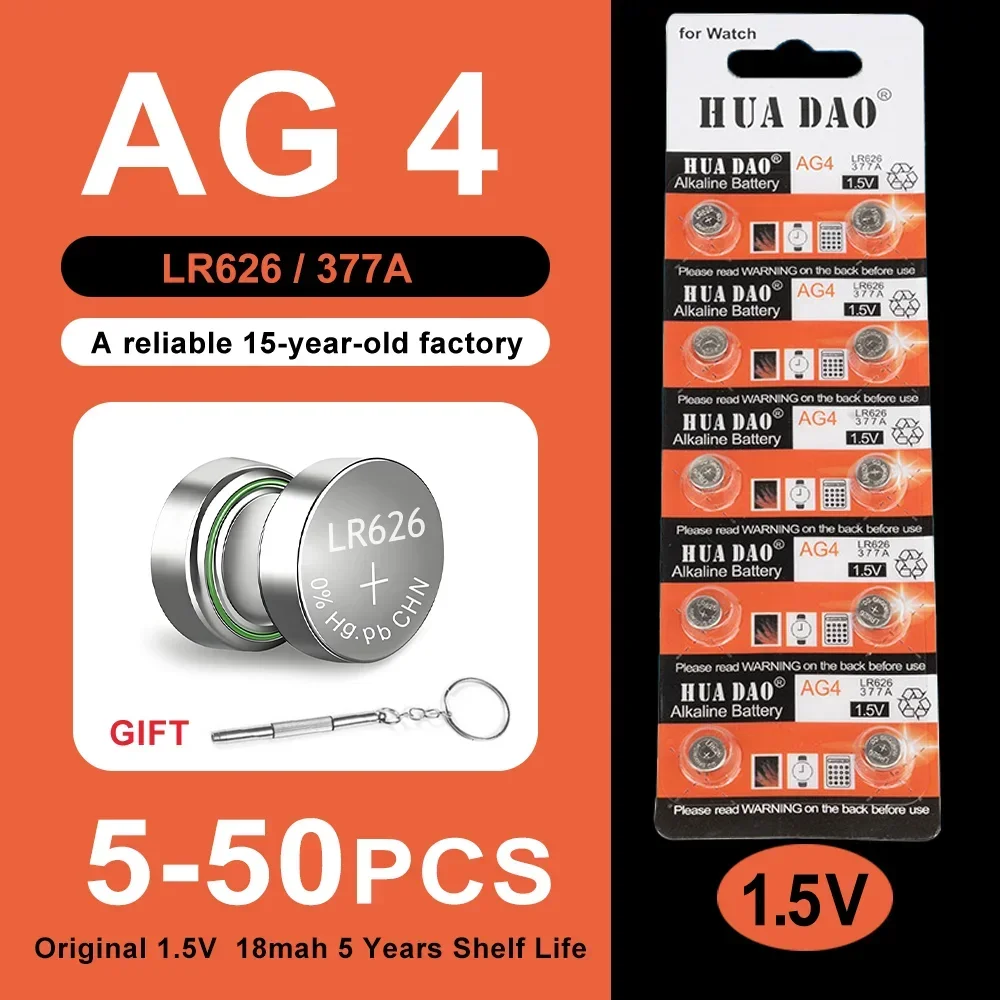 Фото Кнопочная батарейка AG4 377 SR626SW SR626 1.55В, 5-50 штук, для часов, игрушек, LR626 LR66 376 177 626A №2