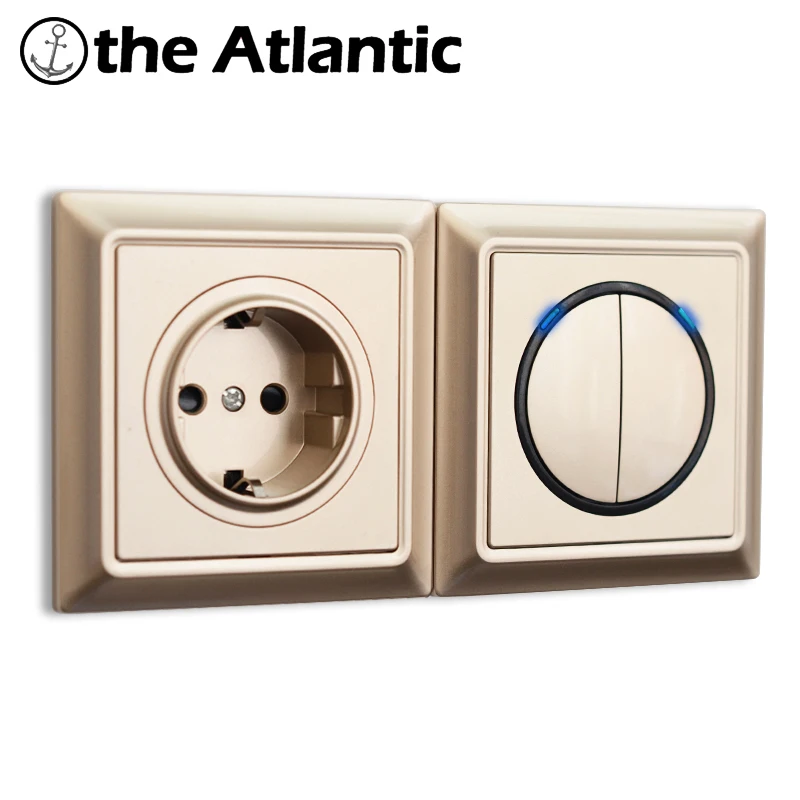 

Luxury Gold Plastic Panel Retro Style EU French Socket Light Switch With LED Dual Socket Wall Plug TV RJ45 Electrical Outlet