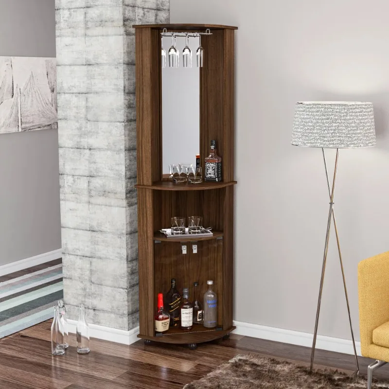 

Boahaus Corner Bar, 2 Glass Door, Mirrored Wall, Glass Rack, Modern Brown Finish