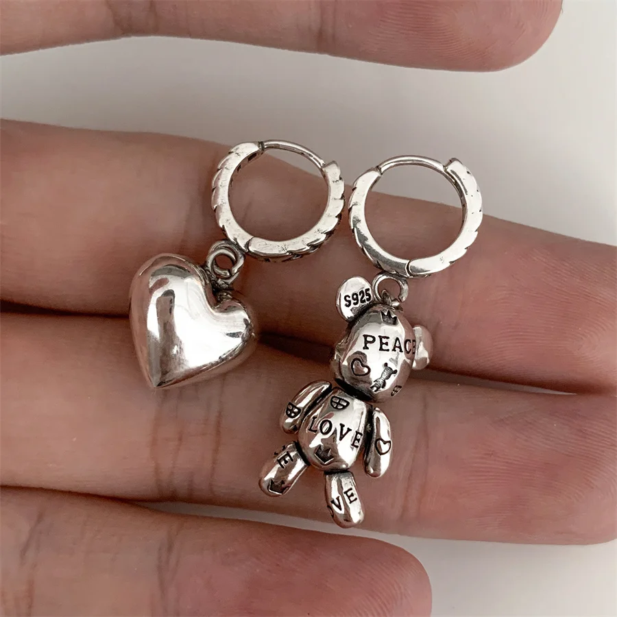 

Stainless steel Prevent Allergy Silver color Hoop Earrings Vintage Accessories Little Bear LOVE Heart Asymmetric Party Jewelry