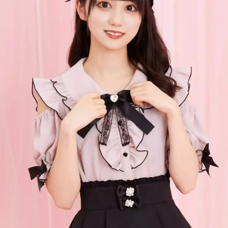 Hikigawa Kawaii Girls Bow Patchwork Chic Fashion Blouse Women Off Shoulder Sweet Elegant Shirt All Match Blusas Top Ropa Mujer