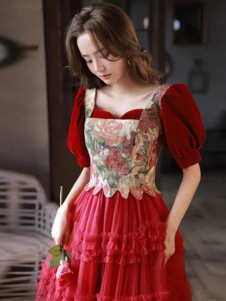 

Burgundy Women's Bridesmaid Dress A-line Velvet Square Collar Floral Print Puff Sleeve High Waist Homecoming Wedding Party Gowns
