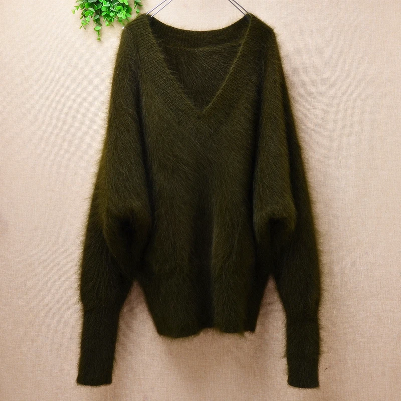 

ladies women autumn winter clothing hairy mink cashmere knitted long batwing sleeves v-neck loose pullover angora fur sweater
