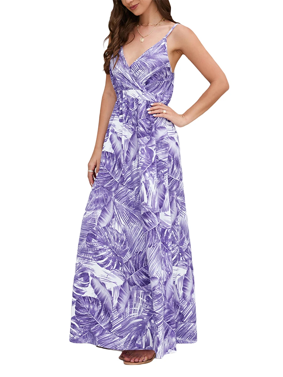 

Женское платье-макси с цветочным принтом, V-образным вырезом и открытой спиной