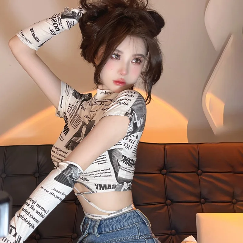 Облегающие Модные Ретро футболки с принтом газет облегающие сексуальные