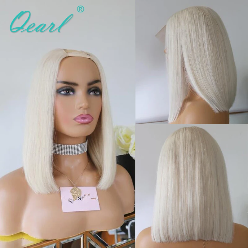 Cheap Short Bob Wig Straight Real Human Hair Wig for Women Icy Blonde U Part Wigs 2x4 Platinum Colored Glueless 180% Thick Qearl