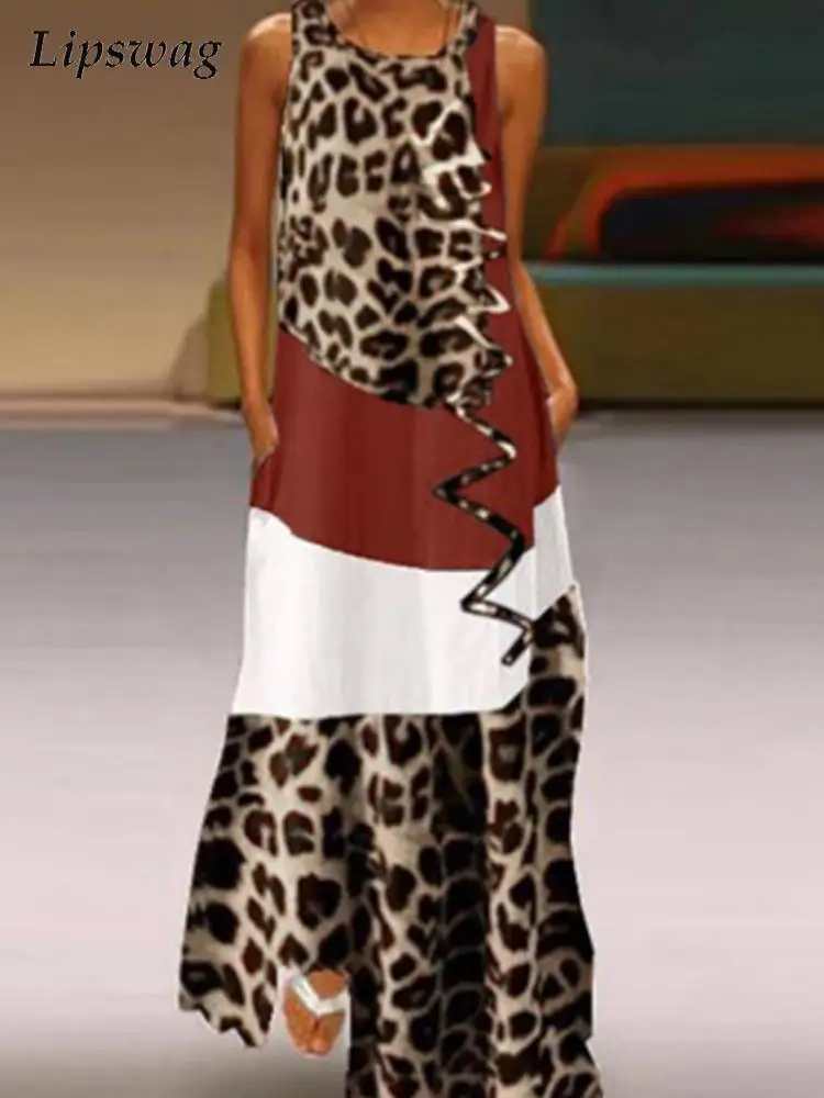

Женское длинное платье с леопардовым принтом, винтажное лоскутное платье без рукавов с V-образным вырезом, элегантное модное платье макси б...