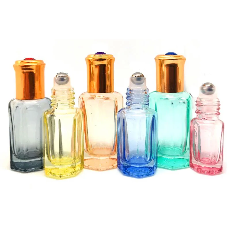 10pcs 3ml 6ml 10ml 12ml Colored Thick Octagonal Roller Ball Glass Bottle, Gold Cap with Gemstones, Essential Oil Bottle to Carry