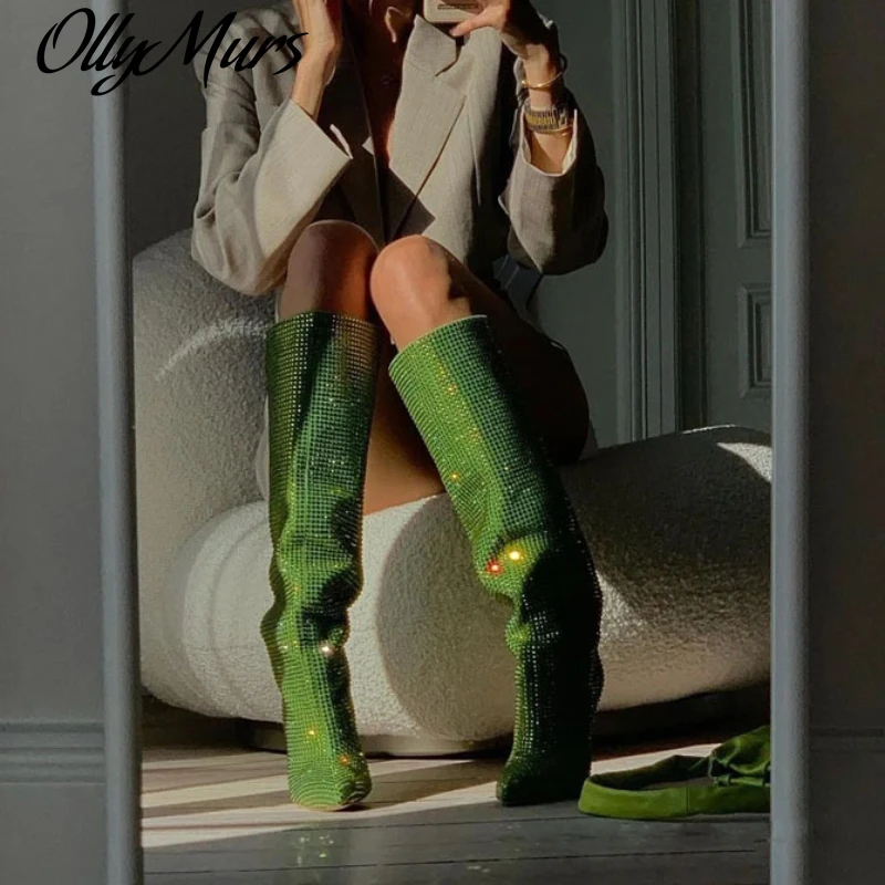 

Ollymurs New Full Crystal Diamond Beading Knee High Boots Sexy Pointed Toe Slip On Fashin Catwalk Boots Shoes Women