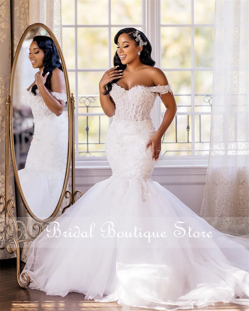 Купи New Arrival 2023 Pearls Mermaid Wedding Dresses 2022 Off Shoulder Beaded Lace Appliques Bridal Gowns Court Train за 10,920 рублей в магазине AliExpress