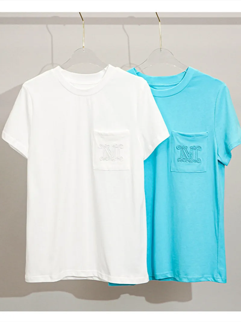 

Women's Solid Color Square Pocket T-Shirt Letter Embroidery Short-Sleeved O-neck Simple Loose Top for Lady 2022 Summer New