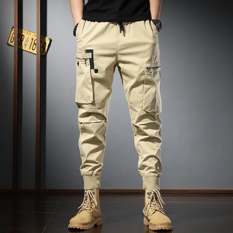 

Summer Cargo Pants Men Fashion Streetwear Khaki Baggy Trousers Casual Cotton Multi Pockets Elastic Waist Drawstring Joggers