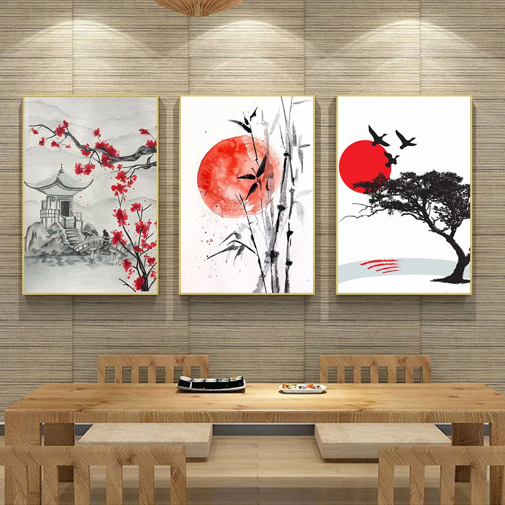 Japanese style landscape canvas painting watercolor wall art poster living room corridor home decoration mural |