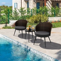 3 Pieces Patio Rattan Bistro Set with 2 Seat Cushions and Tempered Glass Tabletop Outdoor Lounge Chair Coffee Table Set