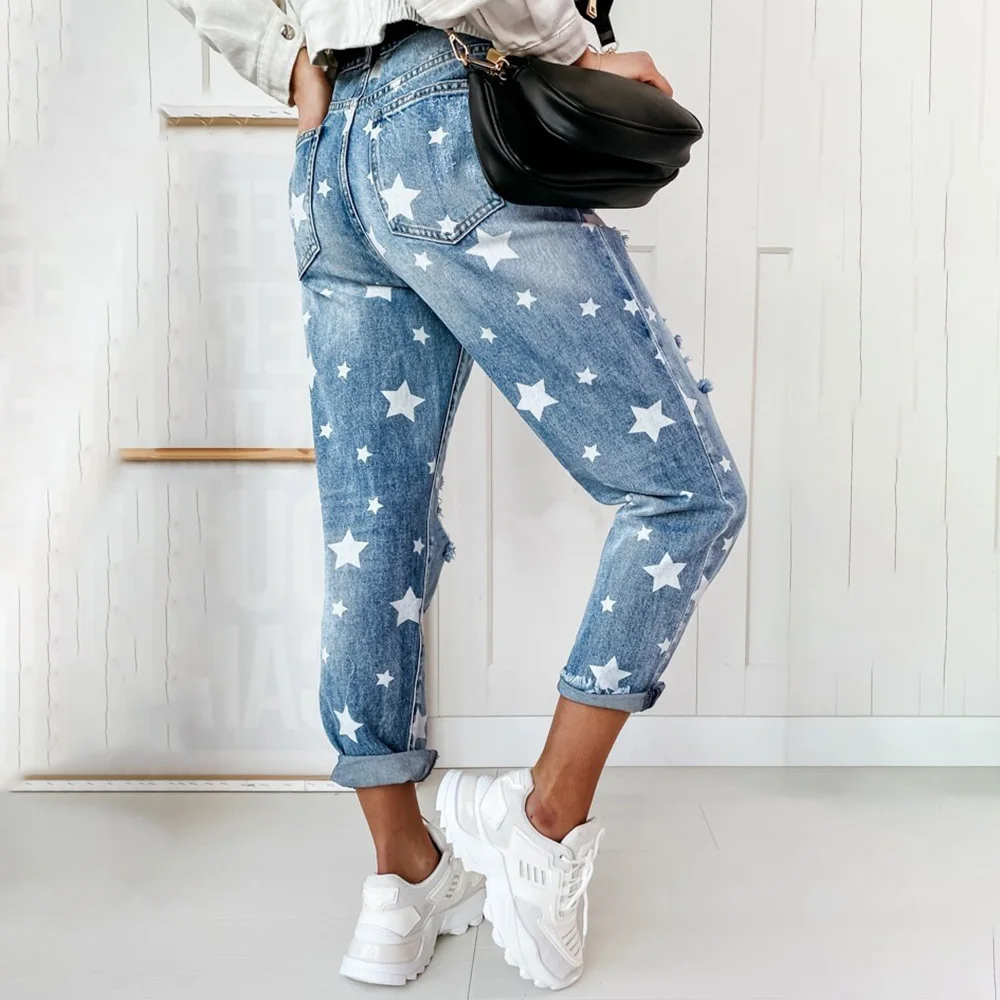 2023 Spring Boyfriend Jeans Woman Slim Hole Jeans For Ladies With Five-Pointed Star Ripped Jeans Street Casual Blue Denim Pants