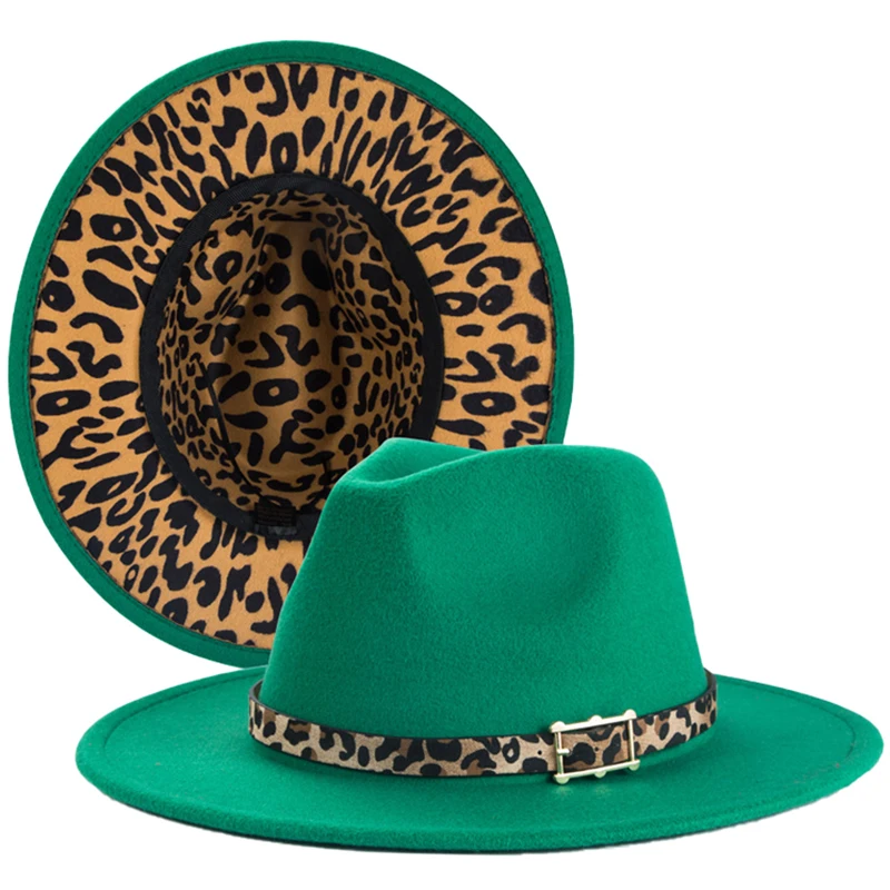 

Wide Brim Solid Leopard Bottom Fedora Wool Felt Hats Fascinators For Women Elegant Party Trilby Jazz Hats Men's Green Panama Cap