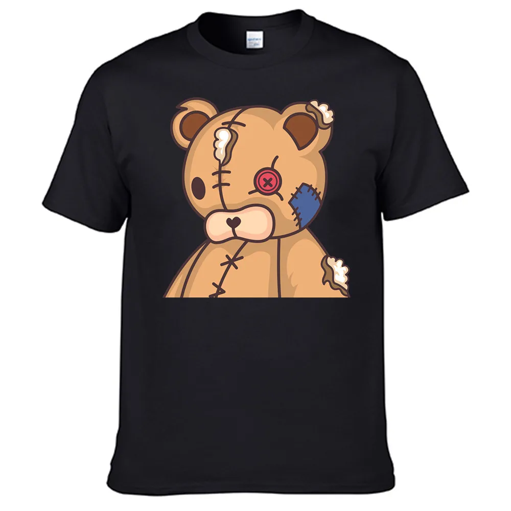 

A Patched Teddy Bear Retro Casual T Shirt Men's Summer Black 100% Cotton Short Sleeves O-Neck Tee Shirts Tops Tee Unisex