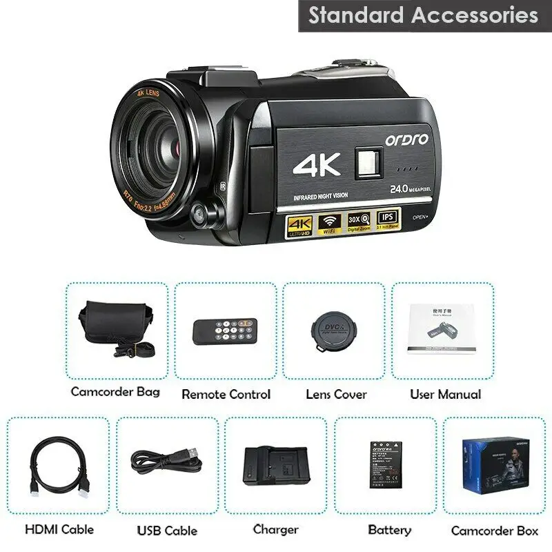 

Ordro AC3 Video Camera 4K Camcorder 30X Digital Zoom IR Night Vision Vlogging Camera Filmadora for YouTube Blogger Standard kit