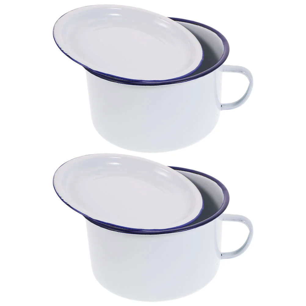 

2 Pcs Enamel Instant Noodle Bowl Household Tableware Insulated Kitchen Tea Cup Lid Retro Food Containers Enamelware Soup