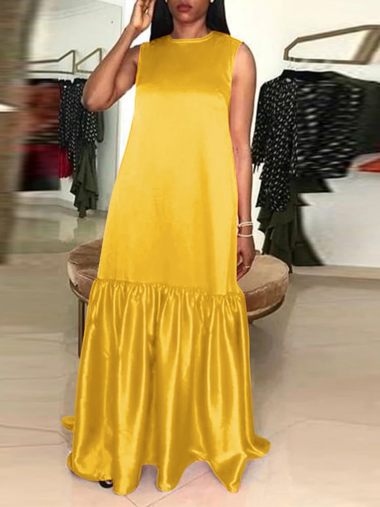 

Satin Silk Dress For 2022 Summer VONDA Women Sexy Sleeveless Pleated Evening Party Tank Maxi Dresses Casual Loose Vestidos Robe
