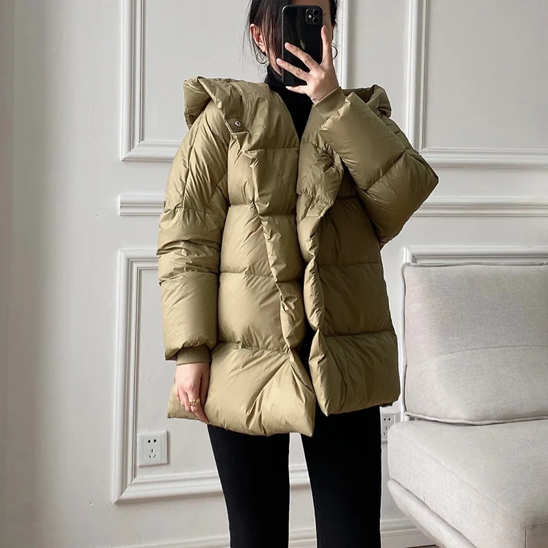 Winter New Long Sleeve Hooded Button Short Womens Down Coat Loose White Duck Down Coat for Women
