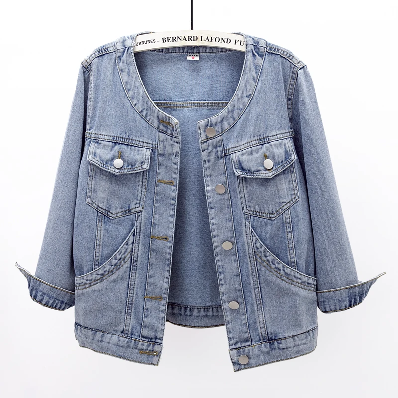 

Vintage Wash Blue Denim Jacket Women Slim Short Cowboy Outerwear Big Pocket O-Neck Three Quarter Sleeve Jeans Jacket Coat Female