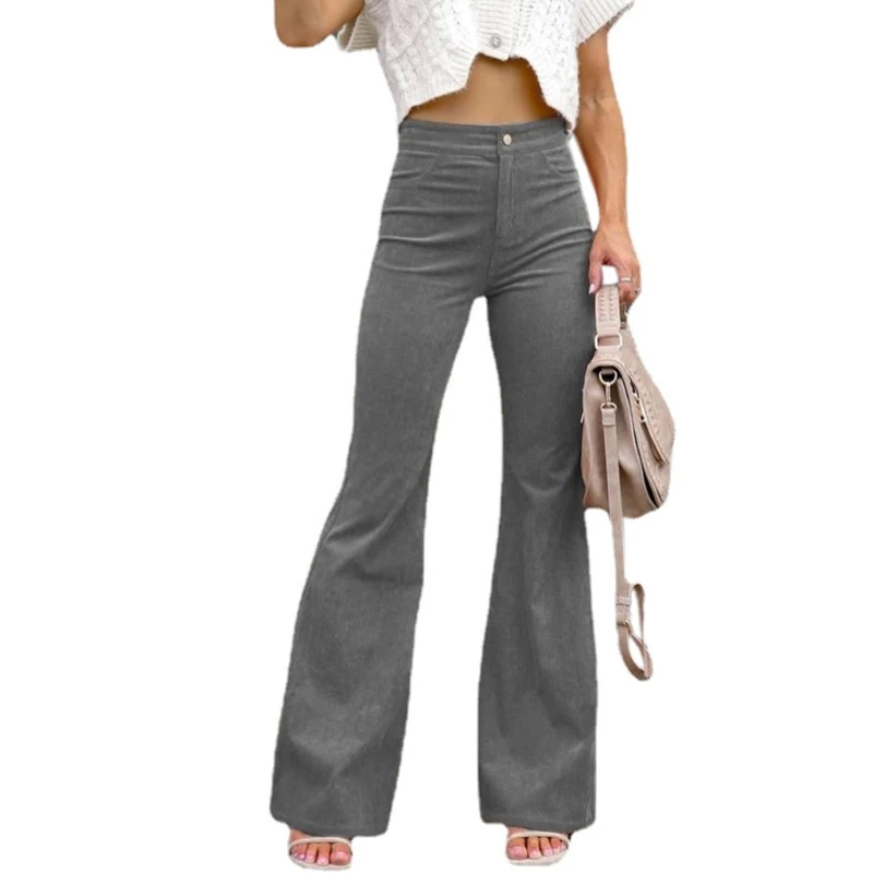 

Women Flared Trousers Solid Color Cargo Pants Eye-Catching Flared Pants Ladies High Waist Corduroy Pants Casual Pants 517D