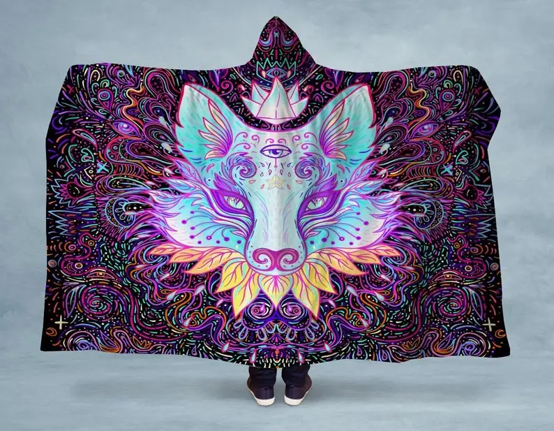 

Psychedelic All Seeing Eye Fox Hooded Blanket - Geometrical Sherpa Throw, Made In The USA, Wearable Blanket Hoodie