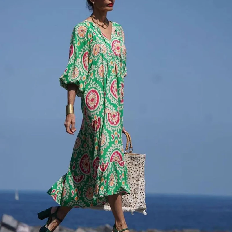 

Vintage Floral Print Bohemian Long Dress Women Elegant V Neck Loose Maxi Party Dress Spring Autumn 3/4 Sleeve Office Lady Dress
