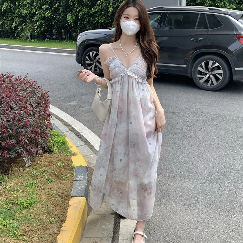 

Платье на бретельках с цветочным принтом, нежное плиссированное платье без рукавов с оборками по краям, 2023