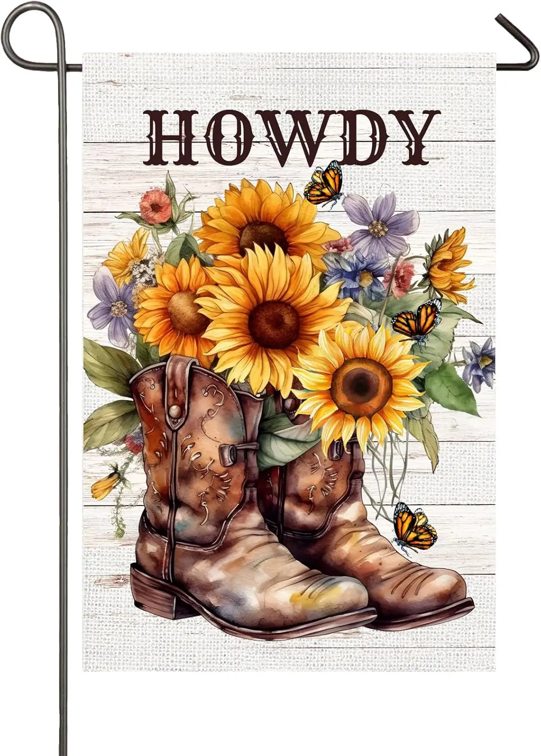 Howdy Ковбойские сапоги Садовый флаг 12x18 дюймов Двусторонние подсолнухи Бабочки