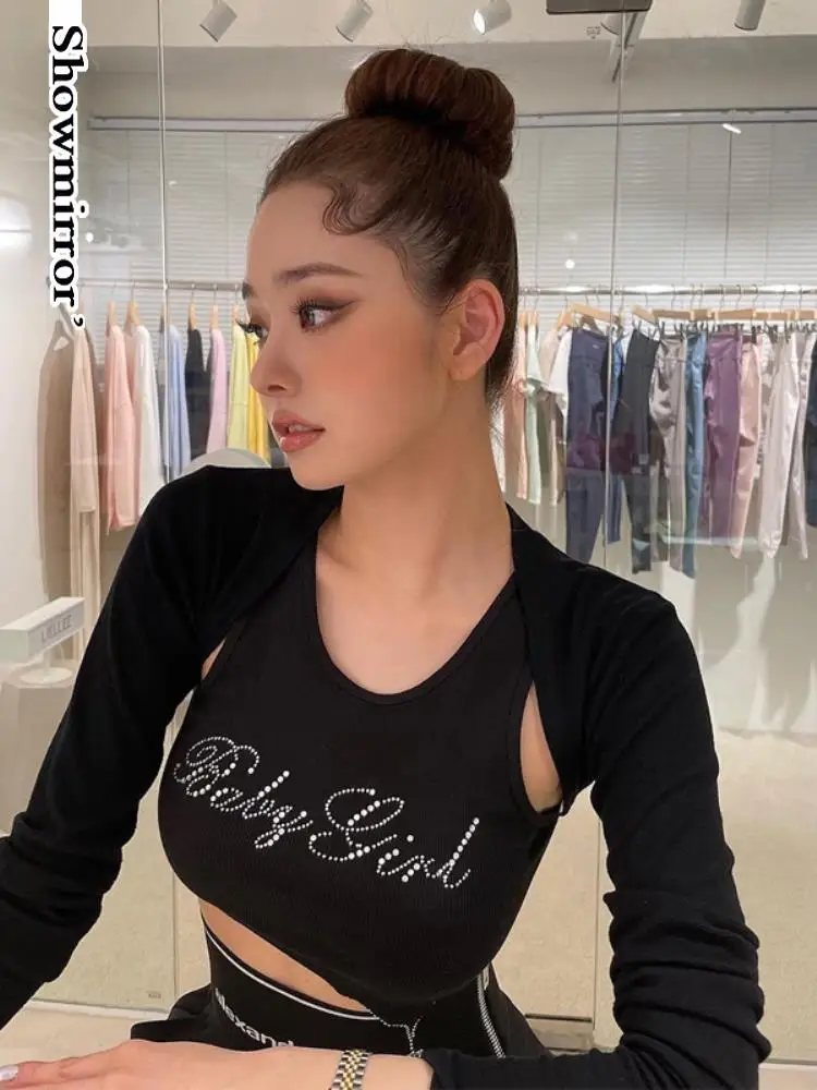 

Showmirror Sleeveless Diamond Letter Print Patchwork Sexy Irregular Crop Tops 2022 Summer Women Fashion Streetwear Vest