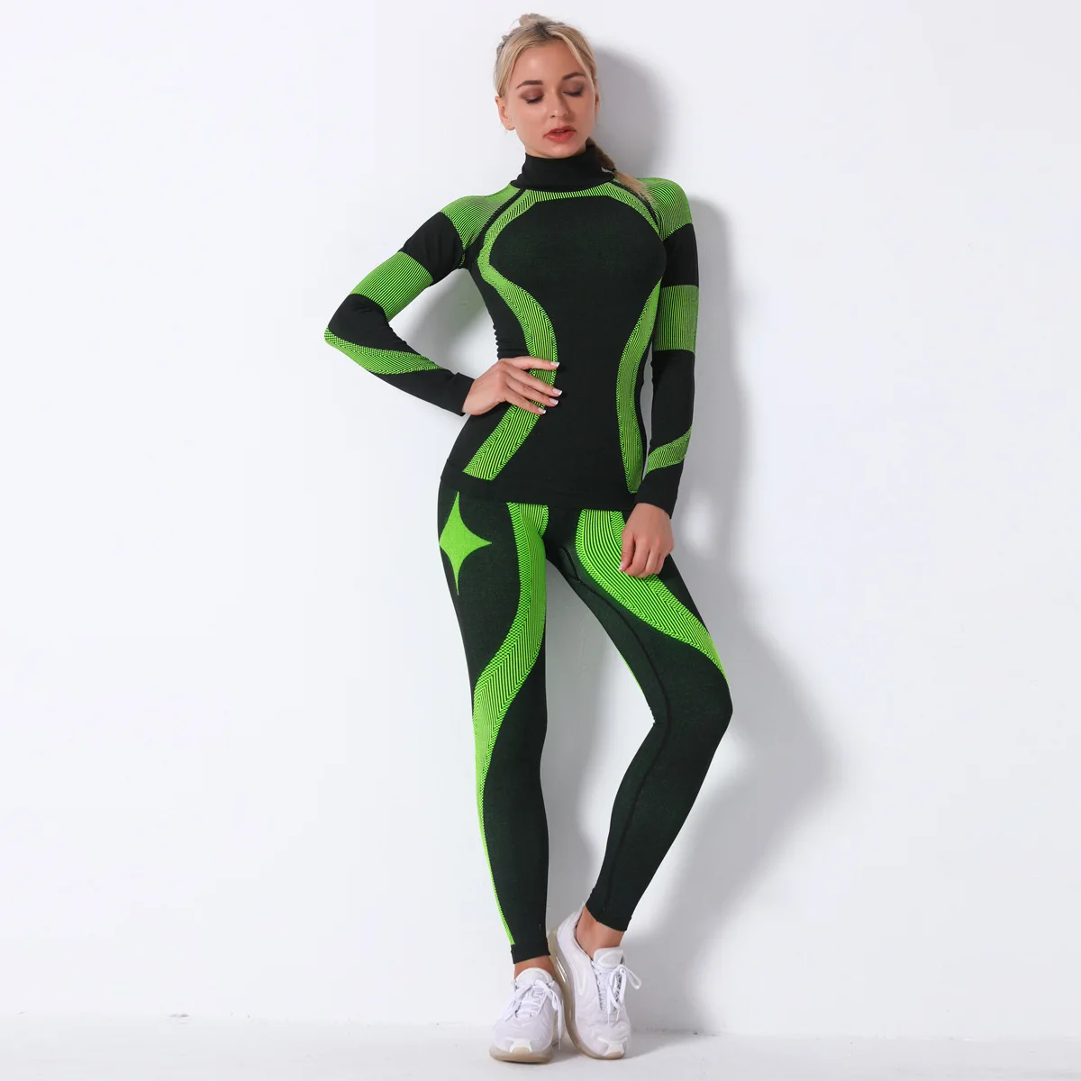 

2 Pcs Women's Fitness Clothes Set Long Sleeves Outfit and High Waist Pants Trainning Wear Female Sportswear Yoga Leggings S22029