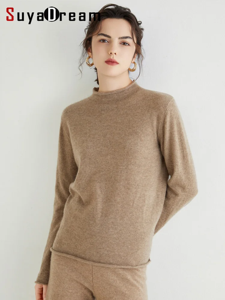 

SuyaDream 100%Goat Cashmere Pullovers Mock Neck Curved Hemming Plain Sweaters For Woman 2022 Fall Winter Warm Basic Top Khaki