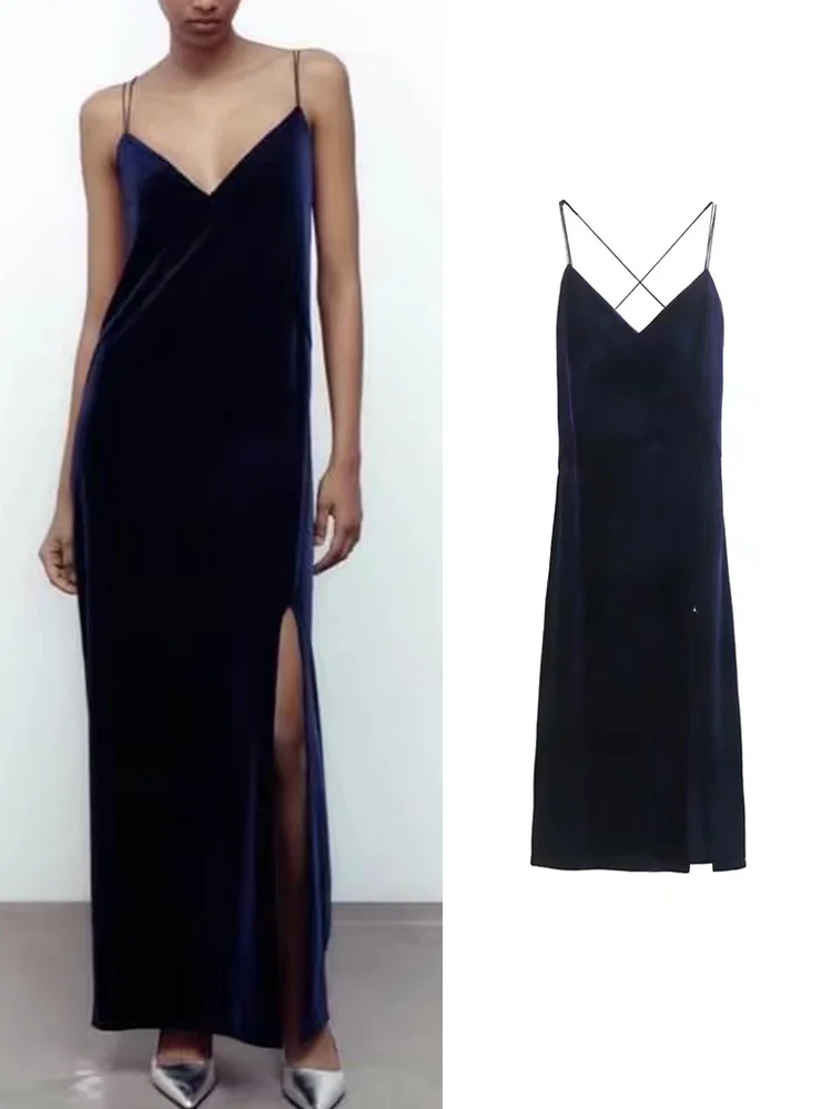 

TRAF Elegant Women Velvet Mid-Calf Camisole Dresses 2022 Ladies V-neck Pary Vestidos Long Sleeve Bandage Backless Outwear