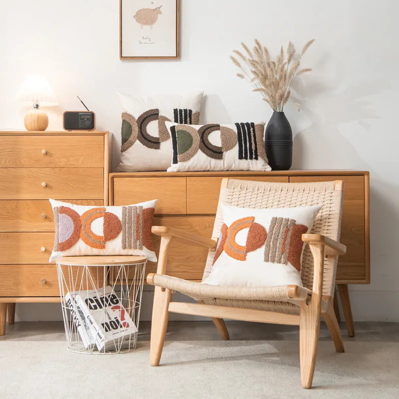 

New Boho Geometric Tufted Cushion Cover Cotton Canvas American Style Light Luxury Pillowcase Home Decorative Cushions for Sofa