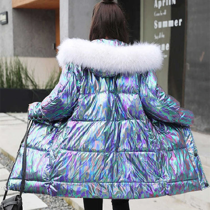 Hooded Fur Collar Women's Parka 2022 Winter New Mid-Length Jackets Shiny Glossy Down Padded Outwear Long Sleeve Female Fashion