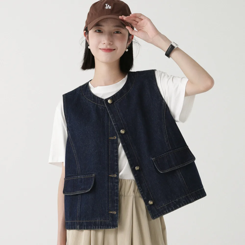 

Women Waistcoat Denim Jean Vest Sleeveless Jackets With Flap Pockets