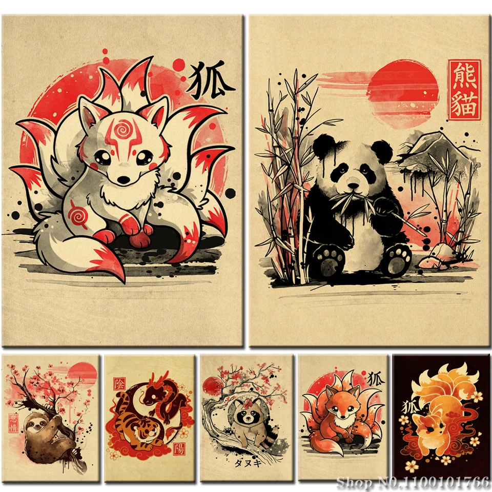 

Алмазная живопись, винтажная японская панда, лиса, полностью квадратная, круглая вышивка стразы, домашнее украшение, наборы для вышивки крестиком с животными
