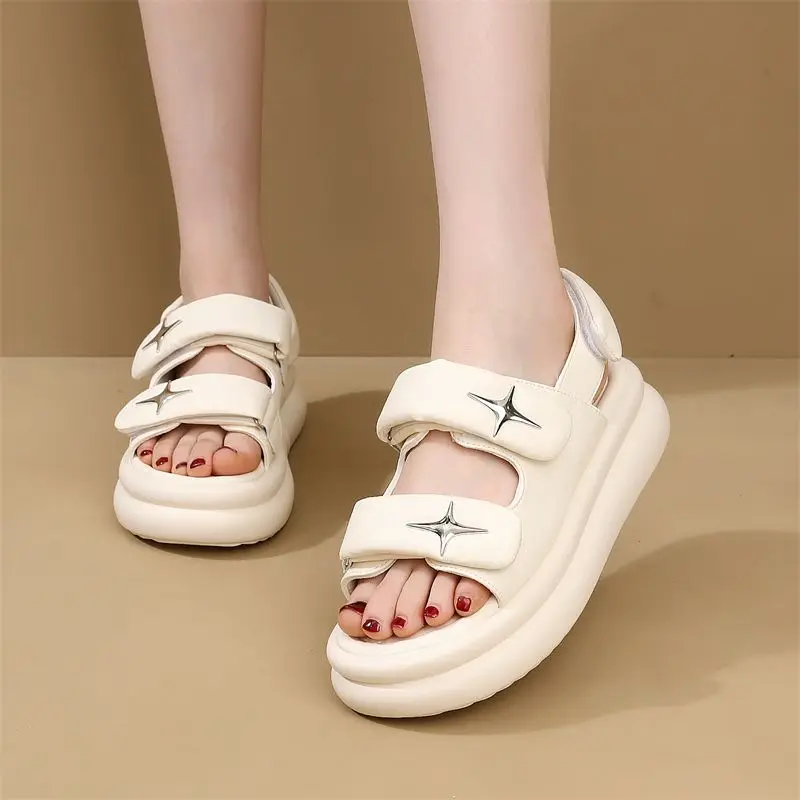 43 plus Size 42 Genuine Leather Breathable Summer Platform Flat Mid Heel 2023 New Women's Sandal Boots