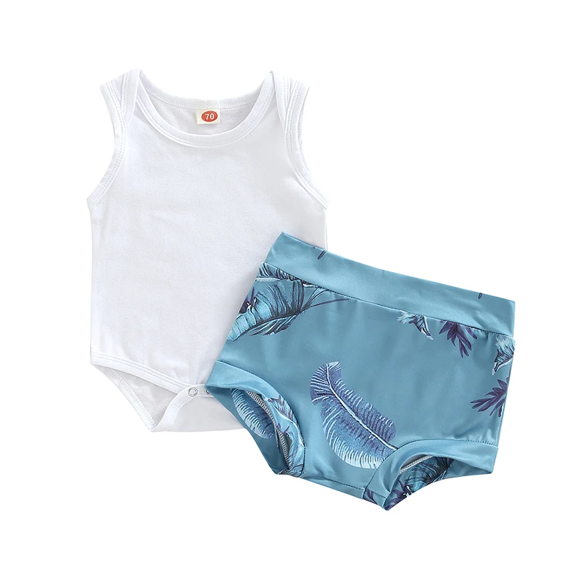 

Infant Baby Girls Romper Solid Color Sleeveless Round Collar Jumpsuit + Feathers Printing Shorts Set