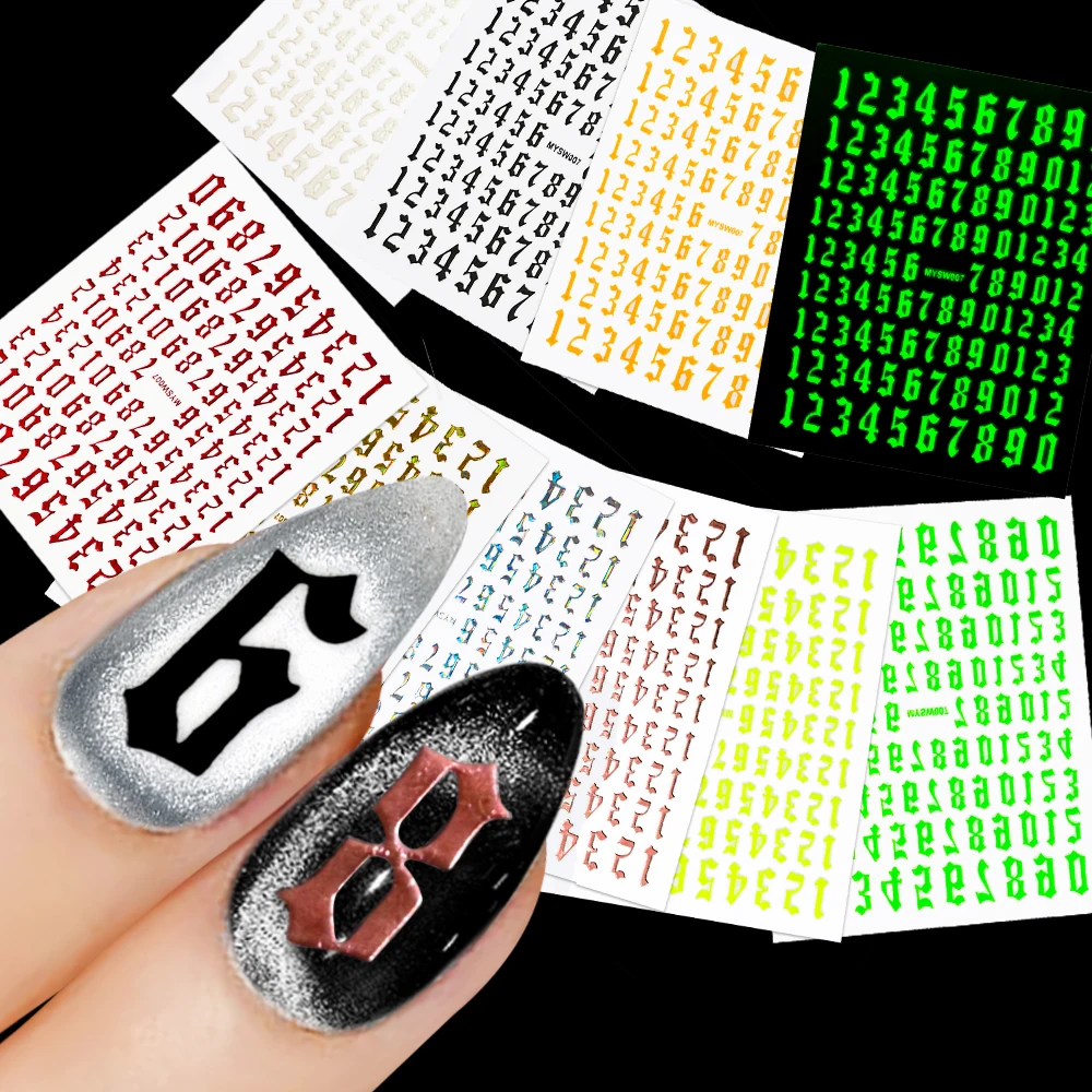 

0-9 Old English Numbers Nail Art Sticker Self-Adhesive Retro Number Tattoo Decals Alphabet Design Sliders Manicure Decoration &6