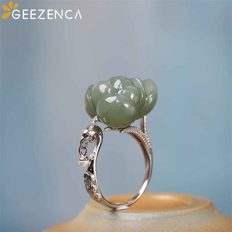 GEEZENCA S925 Silver Natural Jade Jasper Pearl Lotus Women's Ring Vintage Luxury High Quality Open Sizable Cocktail Ring Gift