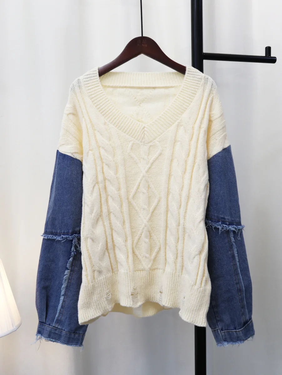 

2022 Autumn Winter Women Sweater Long Sleeve V-Neck Patchwork Kintted Sweaters Women Casual Loose Soft Tops Femme Streetwear