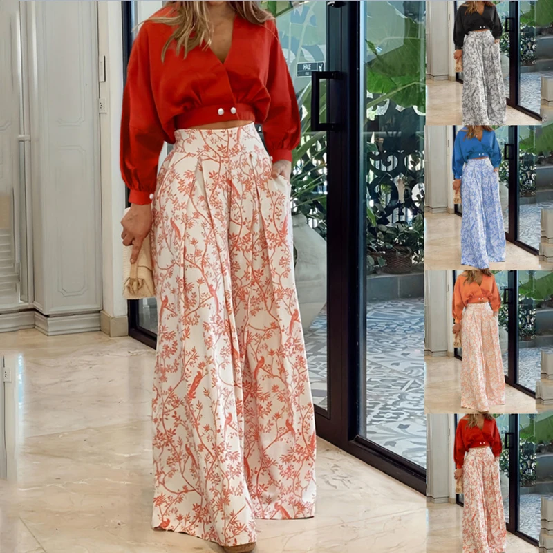 

Women's V Neck Long-sleeved Shirt and Pants Fashion Office Lady Commuter Wide Leg Pants Set Elegant Casual Streetwear Outfit