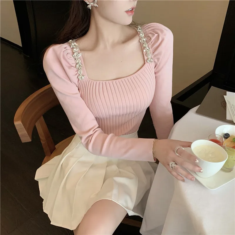 

Pink Sweater Women Puff Sleeve Square Collar Diamond Sweater Short Top Women Pullover
