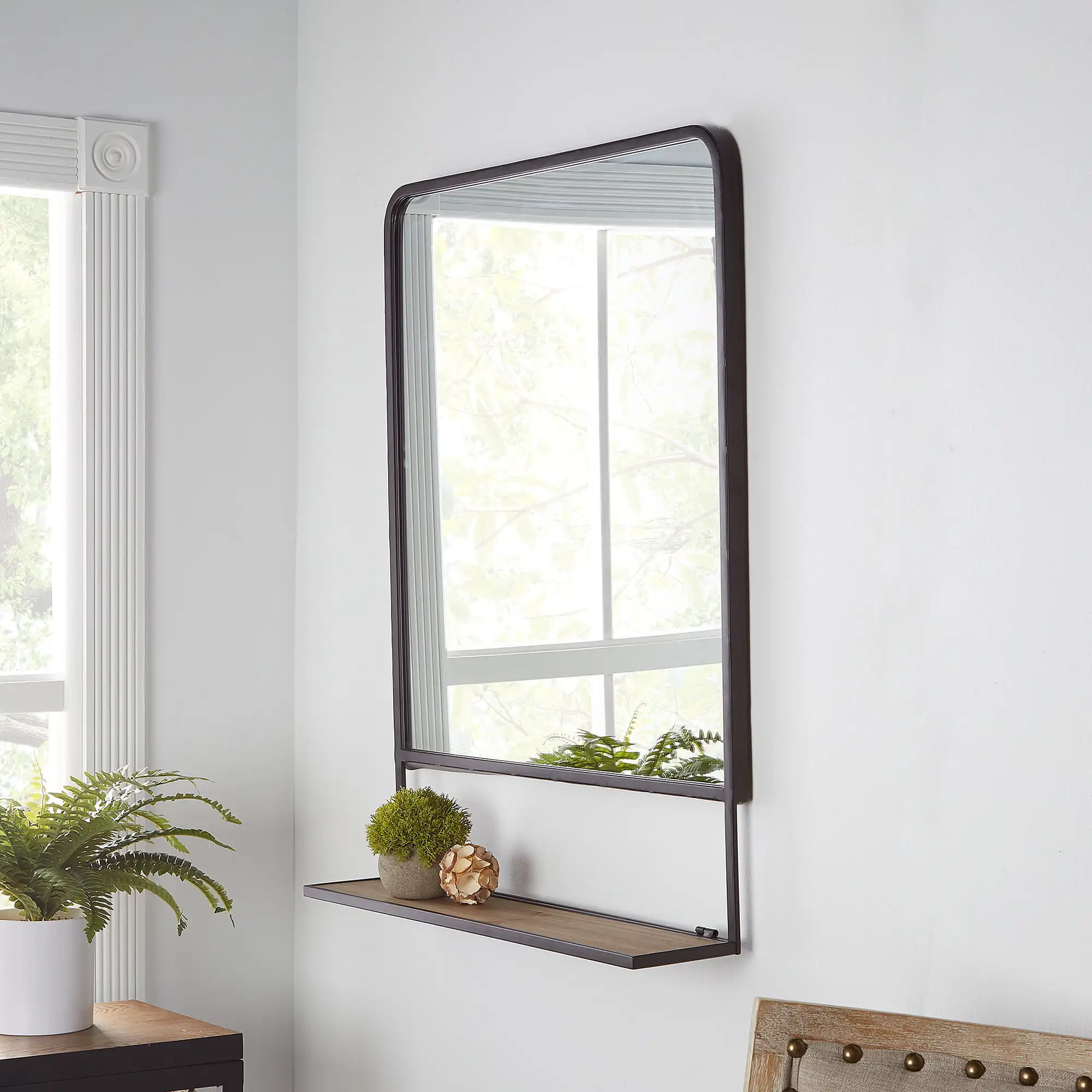 

24" x 32" Industrial Metal Vanity Wall Mirror with Foldable Wood Shelf, Black